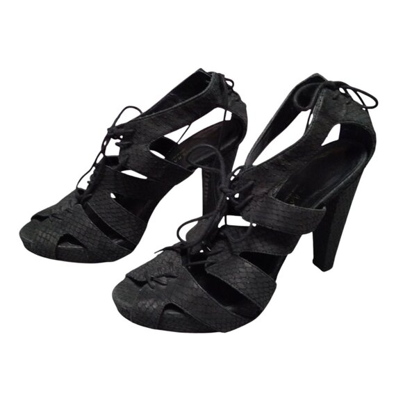 Loeffler Randall Women's 8 B Black Peep Toe Lace Up Snake Print Print Heels - Picture 4 of 8